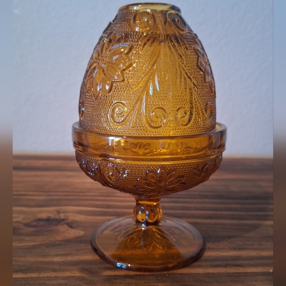 Vintage 2 Pc Elegant Indiana Glass Amber Decorative Fairy Lamp Covered Dish